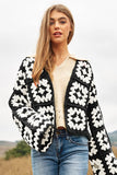 Two-Tone Floral Square Crochet Open Knit Cardigan