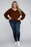 Plus Brushed Waffle V-Neck Button Detail Sweater