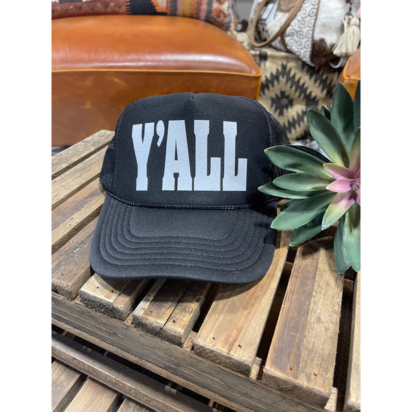 Y'all Black Trucker Cap with White Glitter