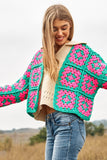 Two-Tone Floral Square Crochet Open Knit Cardigan