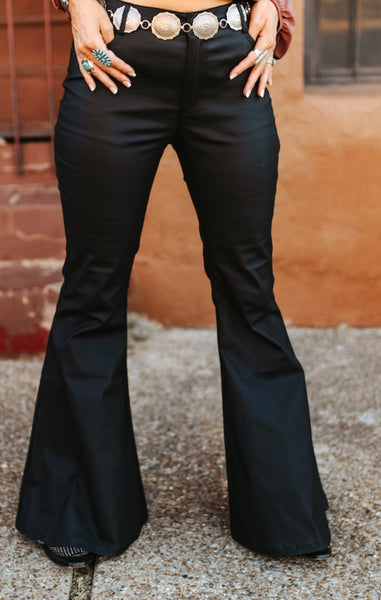 Black leather flare jean