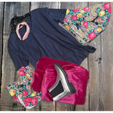 Navy floral bell sleeve top
