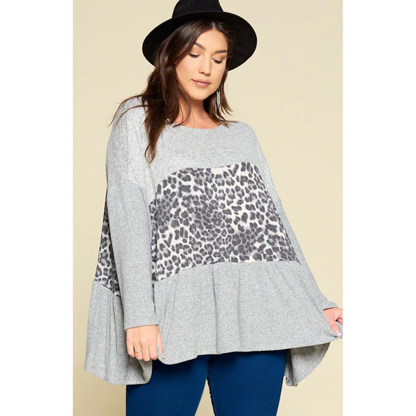 Grey leopard baby doll sweater top