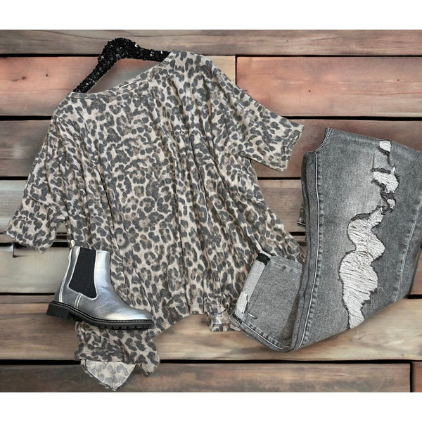 Grey leopard soft sweater poncho top