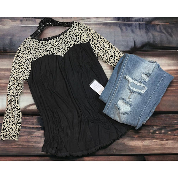 Taupe black leopard mesh top