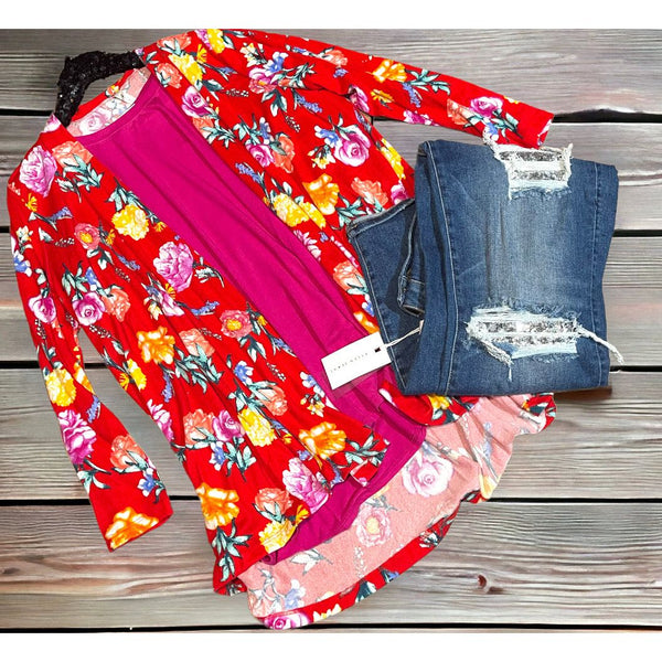 Red floral sweater cardigan
