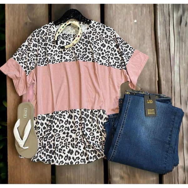 Light pink leopard colorblock top