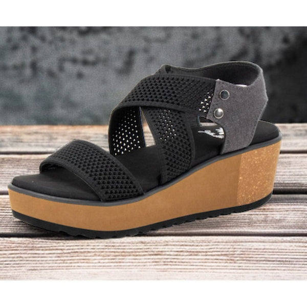 Black strappy wedge sandals