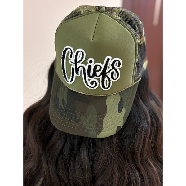 Black & White Chiefs Chenille Patch Trucker Cap by Randi Mahomes