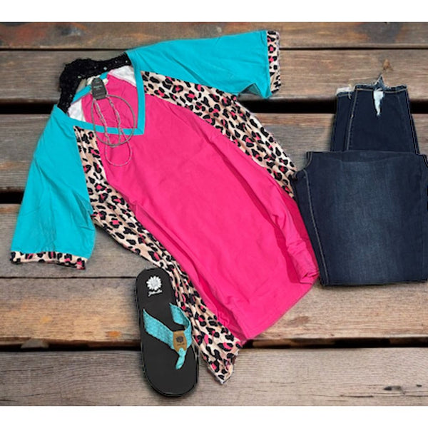 Pink turquoise leopard top