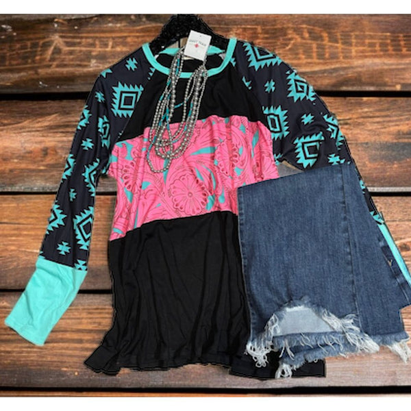 Turquoise pink aztec long sleeve top