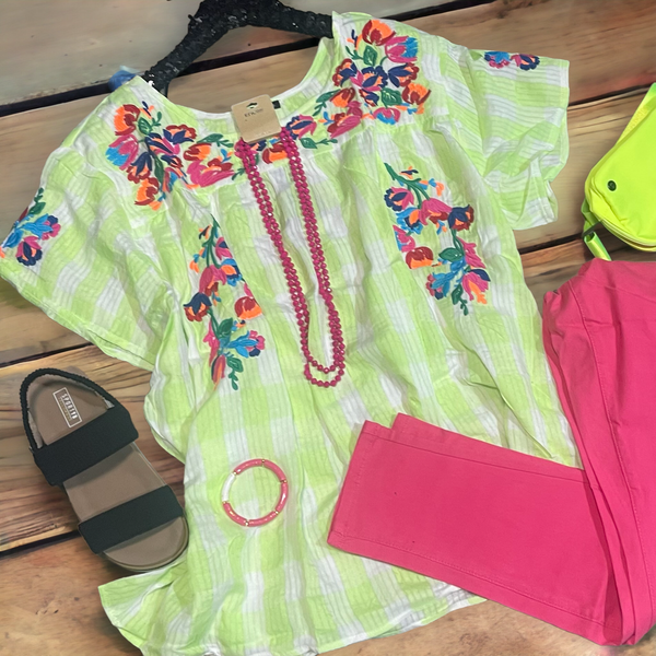 Neon lime check embroidery top