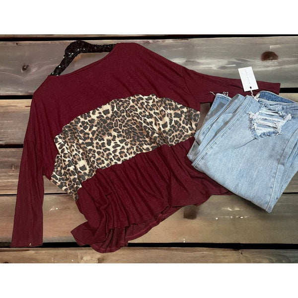 Burgundy leopard baby doll sweater top