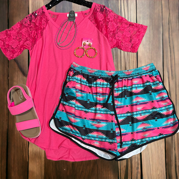 Turquoise pink aztec shorts