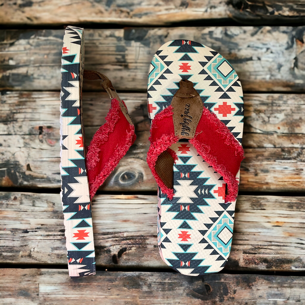 Red aztec flip flops