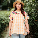 Neon coral check embroidery top