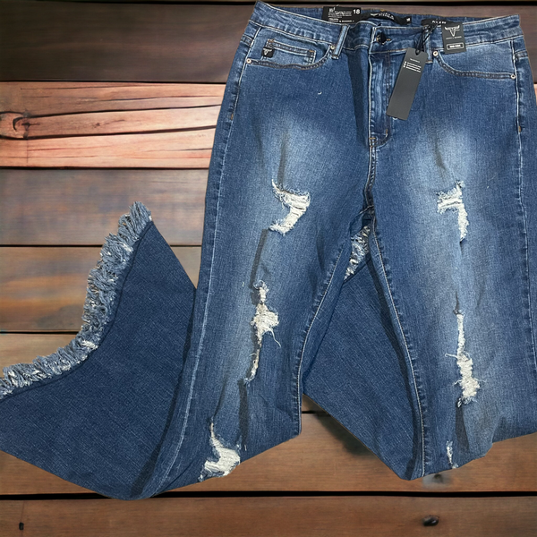 L&b Dark wash fringe distressed flare jeans